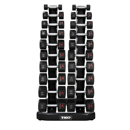 TKO Rubber Hex Dumbbells w/ 10 pair Vertical DB Rack (5 - 50 lbs) - Free Weights - TKO