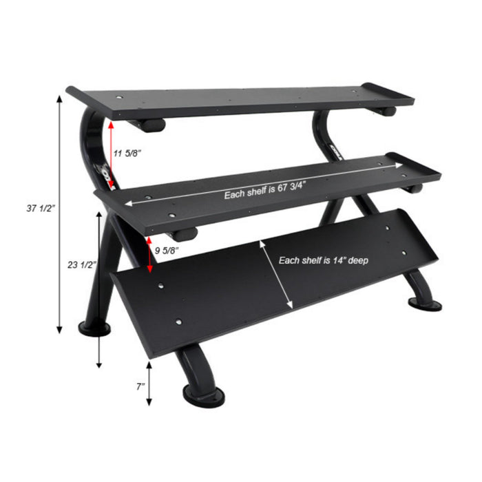 TKO Rubber Hex Dumbbells w/ 3 - Tier Horizontal DB Rack (5 - 75 lbs) - Free Weights - TKO