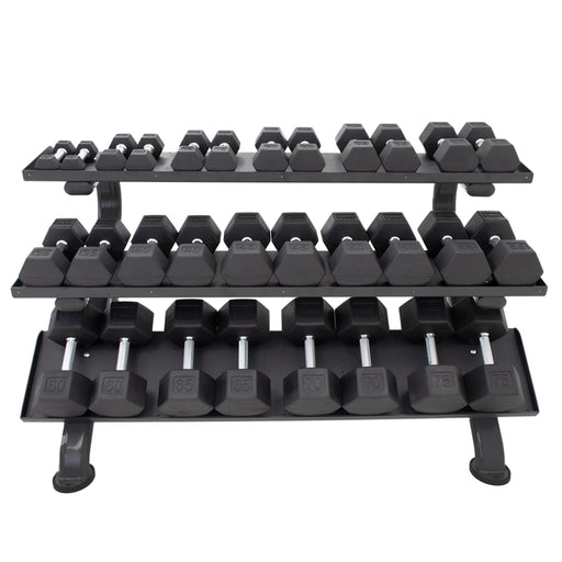TKO Rubber Hex Dumbbells w/ 3 - Tier Horizontal DB Rack (5 - 75 lbs) - Free Weights - TKO