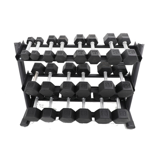 TKO Rubber Hex Dumbbells w/ 3 - Tier Rail Rack (5 - 50 lbs) - Free Weights - TKO