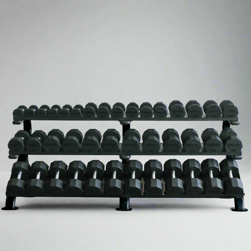 TKO Rubber Hex Dumbbells w/ 3 tier Shelf Rack (5 - 100lb) - Free Weights - TKO