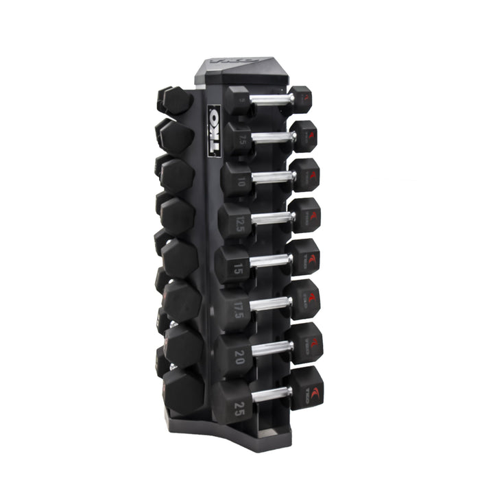 TKO Urethane Hex Tri - grip Handle Dumbbells w/ 8pr Vertical DB Rack (3 - 25 lbs) - Free Weights - TKO