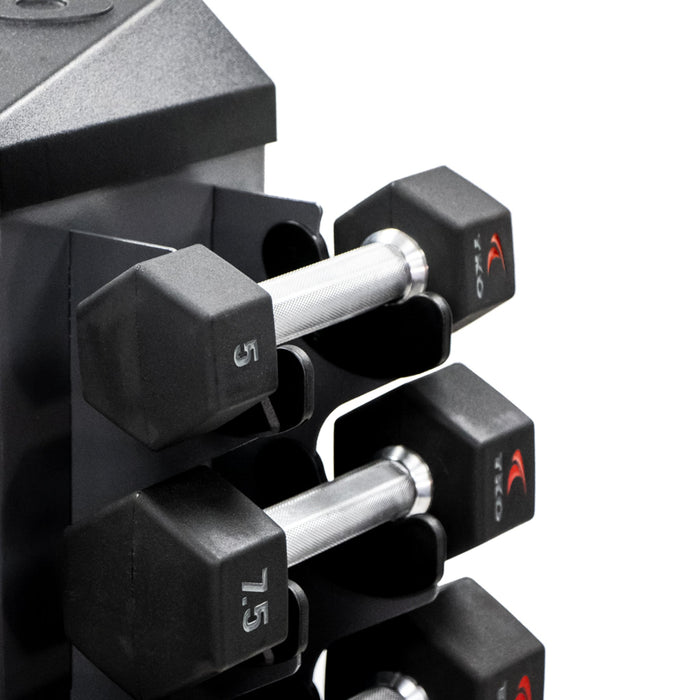 TKO Urethane Hex Tri - grip Handle Dumbbells w/ 8pr Vertical DB Rack (3 - 25 lbs) - Free Weights - TKO