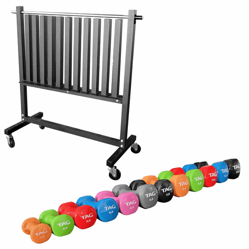 Tag Fitness 43 pair Vinyl Beautybell Set with Locking Storage Rack - Free Weights - TAG Fitness