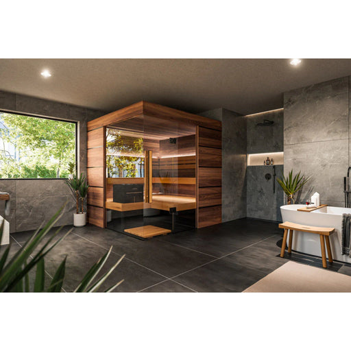 ThermaSol Astra - Glass and Wood Panel Corner Layout, 3 - 4 Person, Indoor Sauna - Saunas - ThermaSol