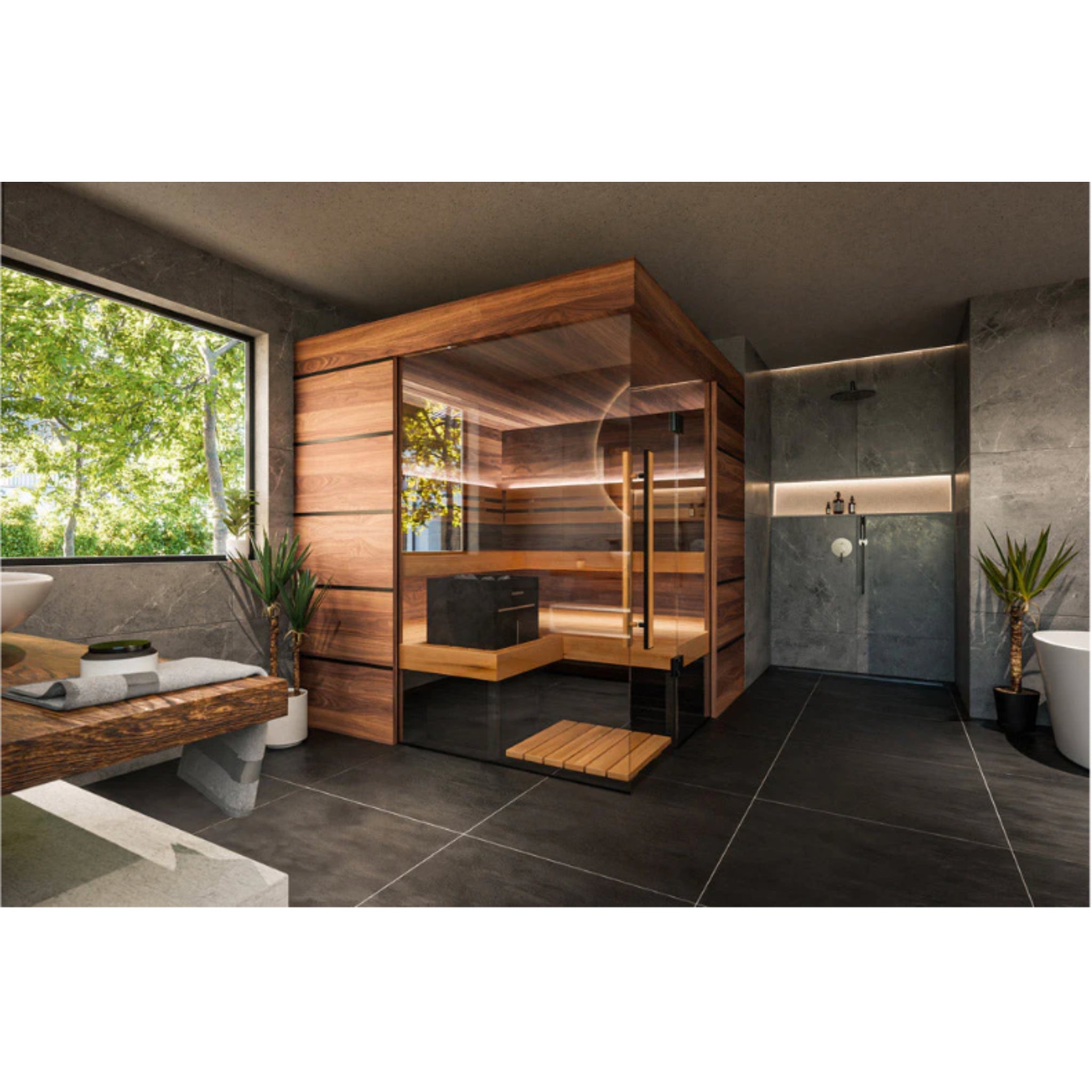 ThermaSol Astra - Glass and Wood Panel Corner Layout, 3 - 4 Person, Indoor Sauna - Saunas - ThermaSol