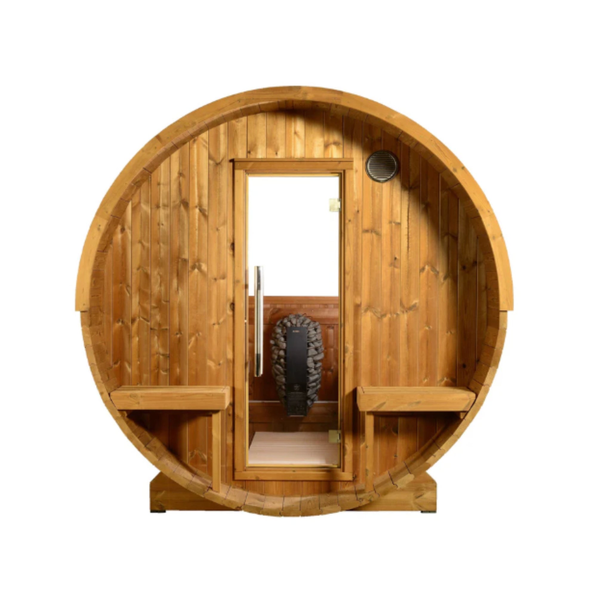 ThermaSol Evander - Nordic Pine, 4 - 6 Person, Half - Moon Window, Outdoor Canopy Barrel Sauna - Saunas - ThermaSol