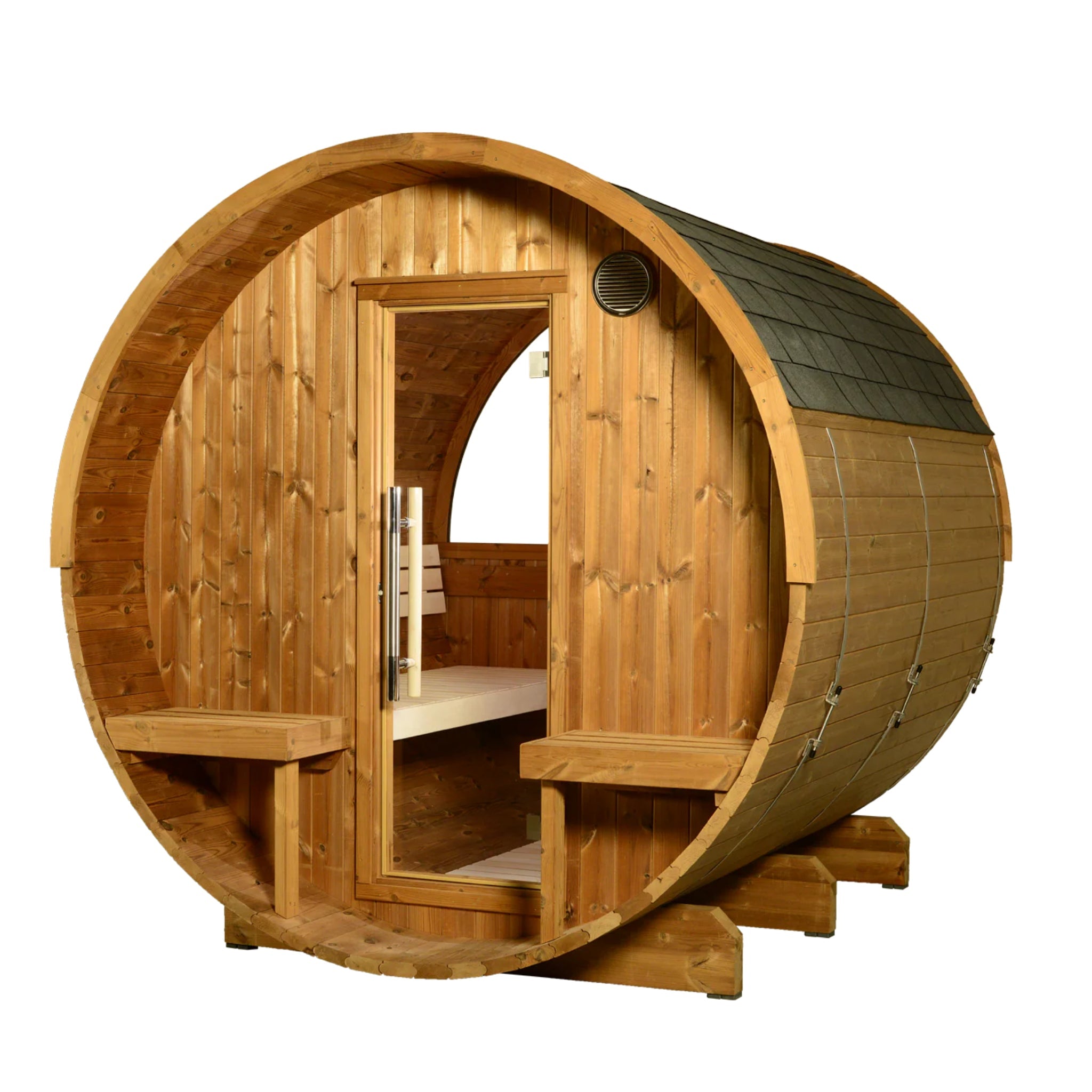 ThermaSol Evander - Nordic Pine, 4 - 6 Person, Half - Moon Window, Outdoor Canopy Barrel Sauna - Saunas - ThermaSol