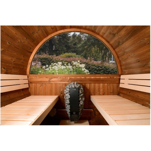 ThermaSol Evander - Nordic Pine, 4 - 6 Person, Half - Moon Window, Outdoor Canopy Barrel Sauna - Saunas - ThermaSol