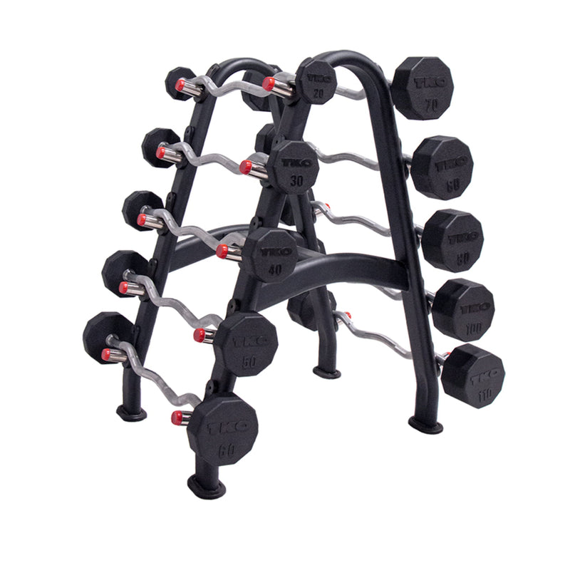 TKO Rubber EZ Curl Barbells w/ 10 Set rBB Rack (20 - 110 lbs) - Free Weights - TKO