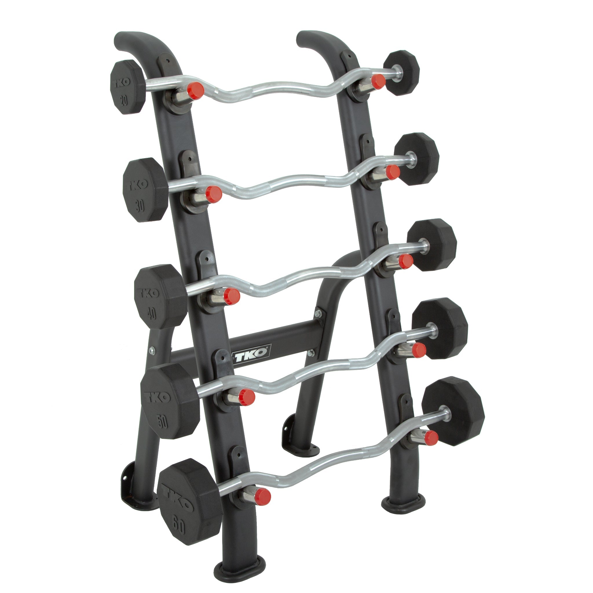 TKO Rubber EZ Curl Barbells w/ 5 Set BB Rack (20 - 60 lbs) - Free Weights - TKO