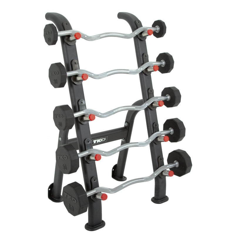 TKO Rubber EZ Curl Barbells w/ 5 Set BB Rack (20 - 60 lbs) - Free Weights - TKO