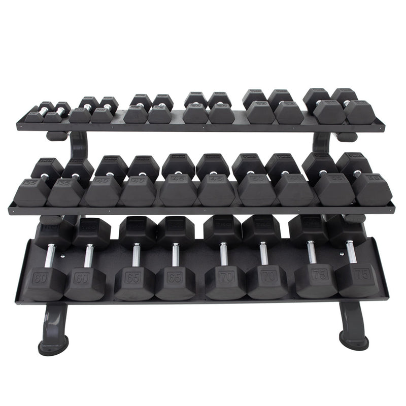 TKO Rubber Hex Dumbbells w/ 3 - Tier Horizontal DB Rack (5 - 75 lbs) - Free Weights - TKO