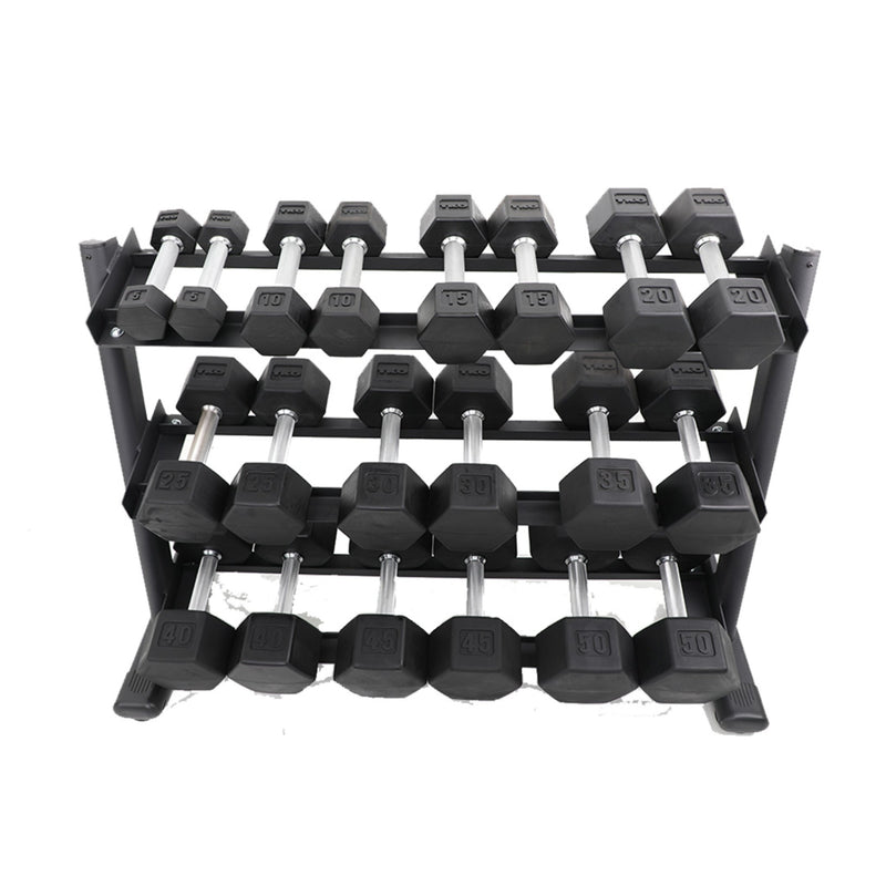 TKO Rubber Hex Dumbbells w/ 3 - Tier Rail Rack (5 - 50 lbs) - Free Weights - TKO