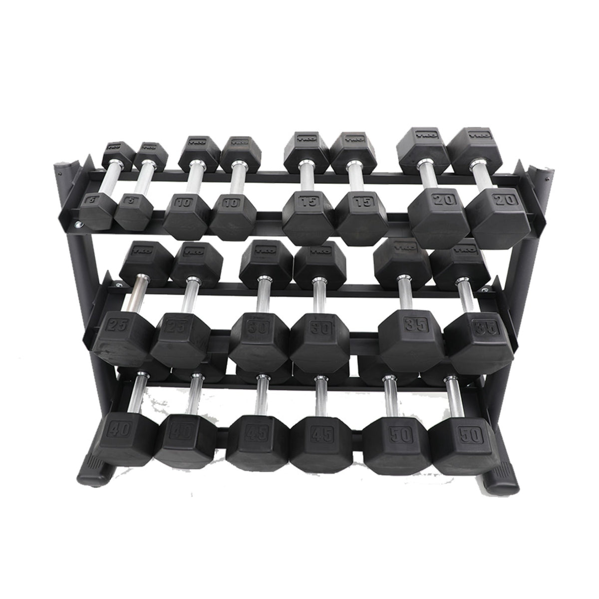TKO Rubber Hex Dumbbells w/ 3-Tier Rail Rack (5-50 lbs) - Gym Emotion