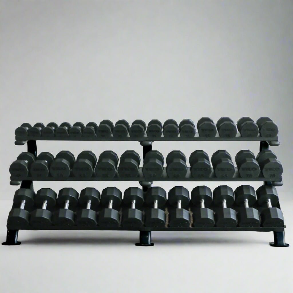 TKO Rubber Hex Dumbbells w/ 3 tier Shelf Rack (5-100lb) - Gym Emotion