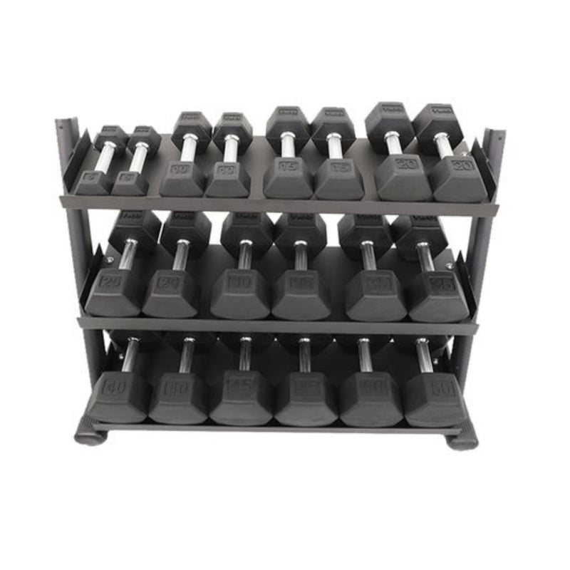 TKO Rubber Hex Dumbbells w/ 3 - Tier Tray Rack (5 - 50 lbs) - Free Weights - TKO