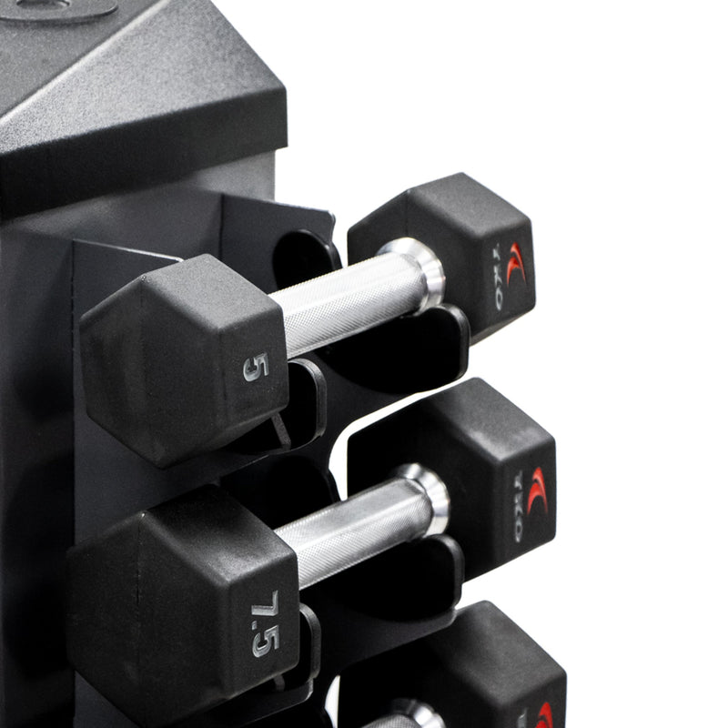 TKO Rubber Hex Dumbbells w/ 8pr Vertical DB Rack (3 - 25 lbs) - Free Weights - TKO