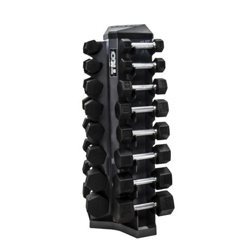 TKO Rubber Hex Dumbbells w/ 8pr Vertical DB Rack (3 - 25 lbs) - Free Weights - TKO