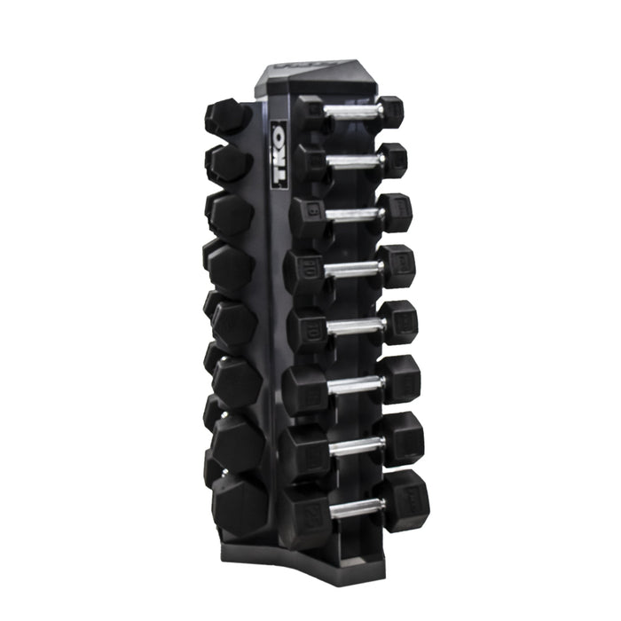 TKO Rubber Hex Dumbbells w/ 8pr Vertical DB Rack (3 - 25 lbs) - Free Weights - TKO