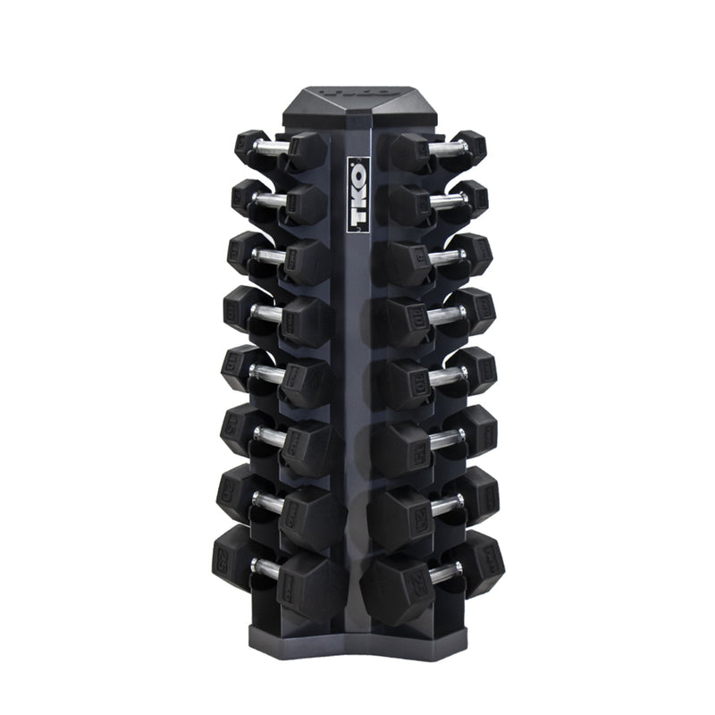 TKO Rubber Hex Dumbbells w/ 8pr Vertical DB Rack (5 - 30 lbs) - Free Weights - TKO