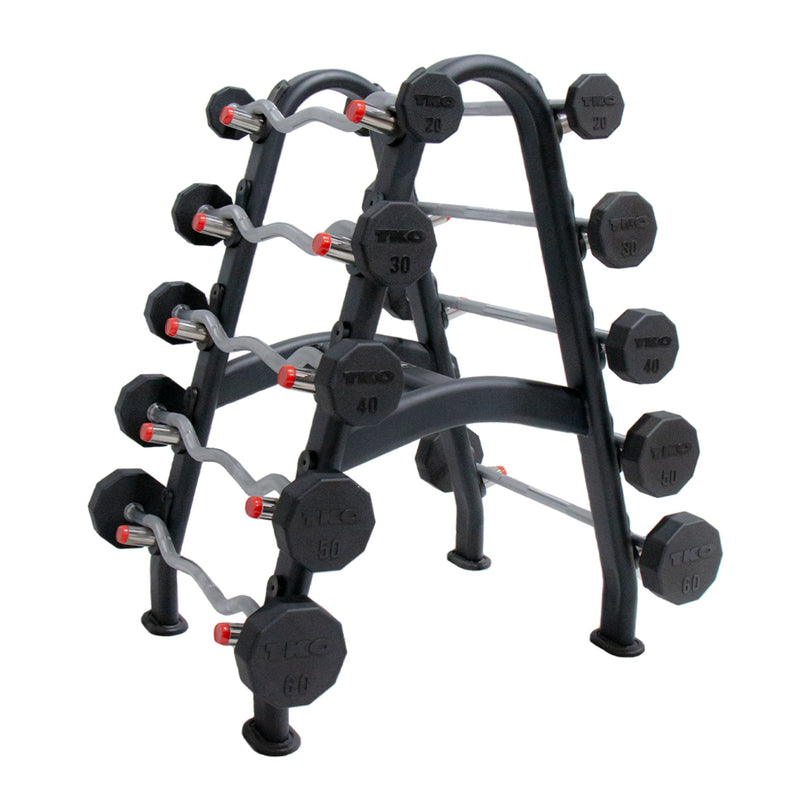 TKO Rubber Straight & EZ curl Barbell w/ 10 Set Rack (20 - 60 lbs) - Free Weights - TKO