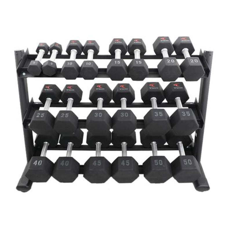 TKO Urethane Hex Tri - grip Handle Dumbbells w/ 3 - Tier Rail Rack (5 - 50 lbs) - Free Weights - TKO