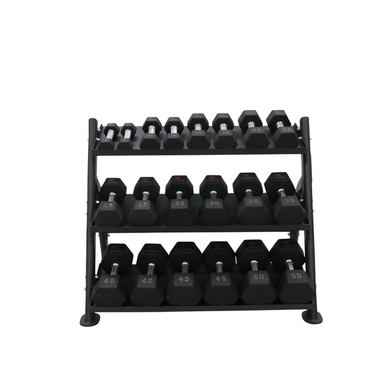 TKO Urethane Hex Tri - grip Handle Dumbbells w/ 3 - Tier Tray Rack (5 - 50 lbs) - Free Weights - TKO