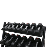 TKO Urethane Hex Tri - grip Handle Dumbbells w/ 3 - Tier Tray Rack (5 - 50 lbs) - Free Weights - TKO