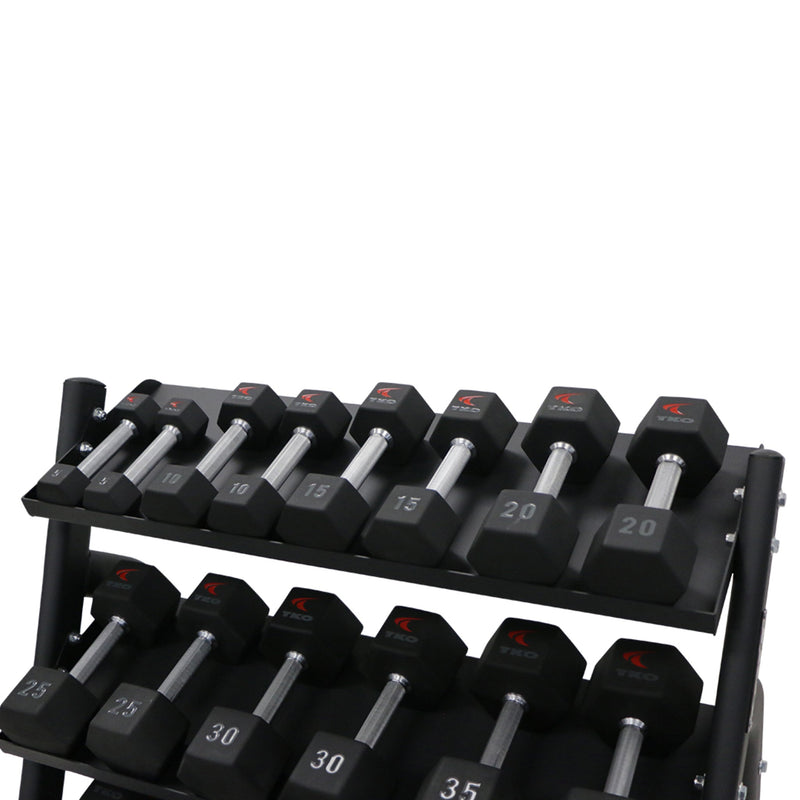 TKO Urethane Hex Tri - grip Handle Dumbbells w/ 3 - Tier Tray Rack (5 - 50 lbs) - Free Weights - TKO
