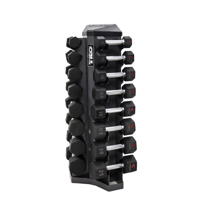 TKO Urethane Hex Tri - grip Handle Dumbbells w/ 8pr Vertical DB Rack (3 - 25 lbs) - Free Weights - TKO