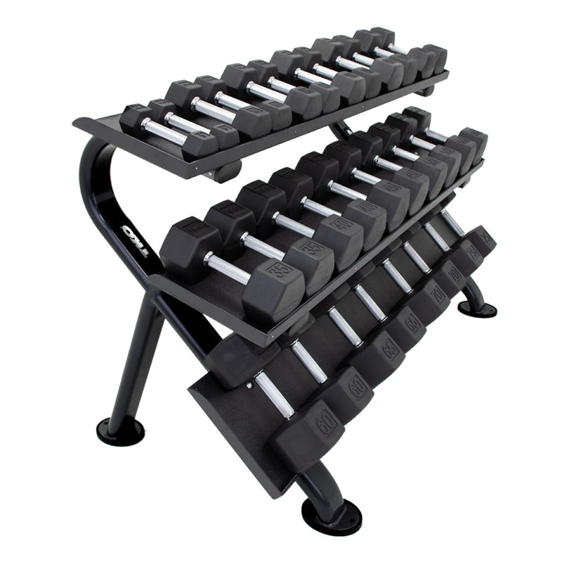 TKO Urethane Hex tri - grip Handle Dumbbells w/ Horizontal DB Rack (5 - 75 lbs) - Free Weights - TKO