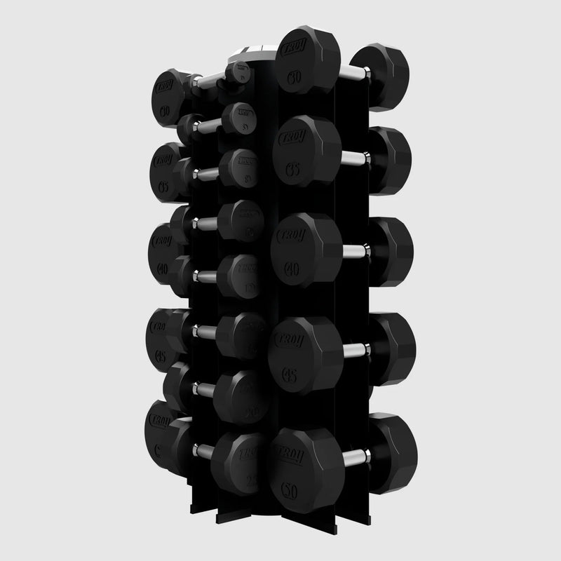 Troy 12 Sided Rubber Dumbbell Set with Vertical Storage Rack (3 - 50lbs.) - Free Weights - Troy VTX