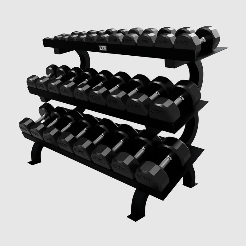 Troy 12 Sided Rubber Dumbbell Set with Vertical Storage Racks (5 - 75lbs.) - Free Weights - Troy VTX